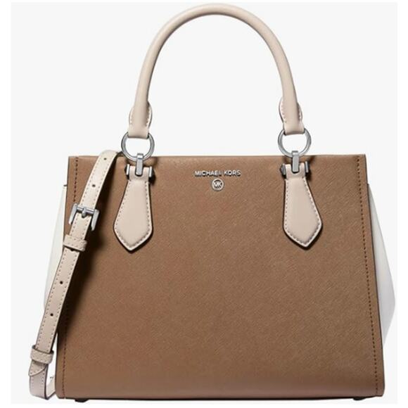 Michael Kors Marilyn Medium Satchel Ecru/Walnut Handbag - Picture 1 of 5